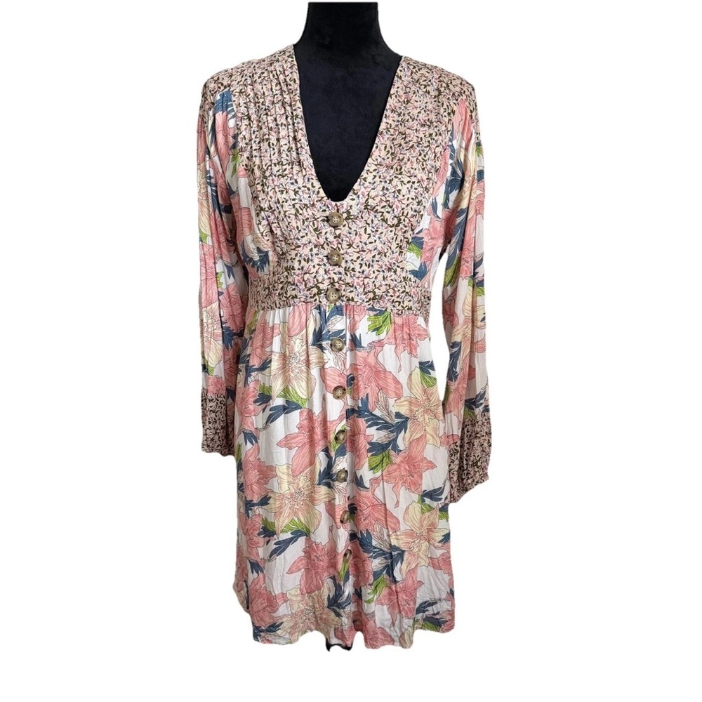 Kori America Dress Womens L Floral Button Front V Neck Boho Patchwork Fairy